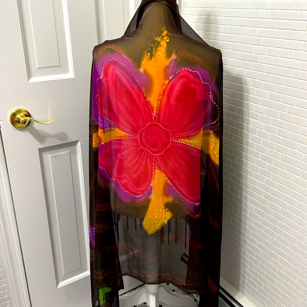 Vibrant brown Floral Design Shawl/Sari/Wrap with knotted fringe. 66”by42”.